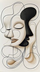 An abstract artwork featuring a face with closed eyes, created with lines and neutral tones, evoking a sense of calm and serenity.