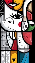 An abstract artwork featuring a stylized face composed of geometric shapes and vibrant colors, with a graphic design aesthetic.
