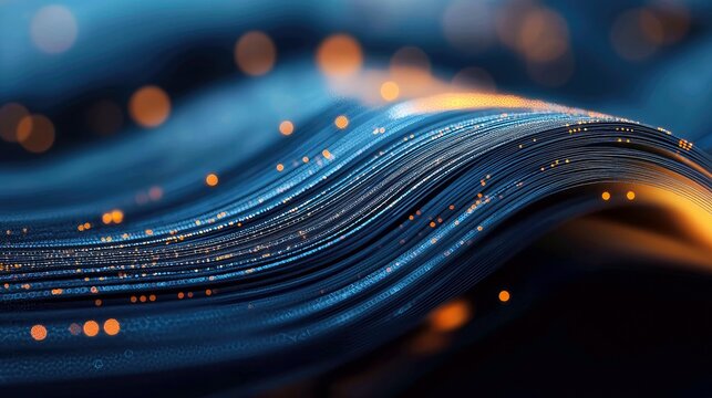 Close-up of abstract fiber optic cables with bokeh lights, creating a sense of movement and digital connectivity.