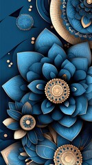 An abstract artwork featuring a layered arrangement of stylized blue and gold floral elements, creating a visually rich and decorative composition.