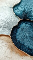 Close-up of an abstract design with organic shapes and textures, featuring a palette of cool blues, whites, and gold.