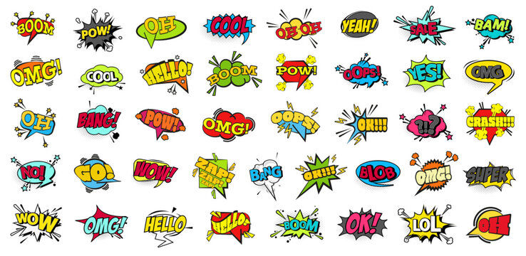 Comic speech bubble collection with colorful words and sound effects. Pop art text explosions express emotions and action