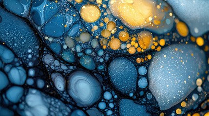 Close-up of an abstract fluid art piece featuring blue and gold colors, with a textured and organic appearance.