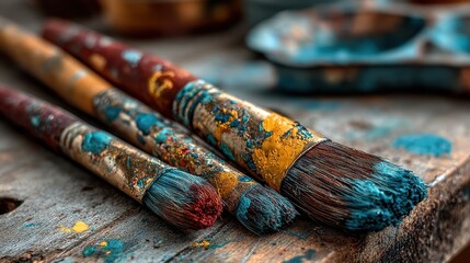 Fototapeta premium A close-up showcases paintbrushes encrusted with dried paint, illustrating the beauty of the painting process and the vibrant colors used in the artistic creation