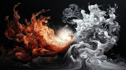 An artistic image of two abstract fluid forms, one red-orange and the other white, colliding in a dark space, illuminated by a bright light source.