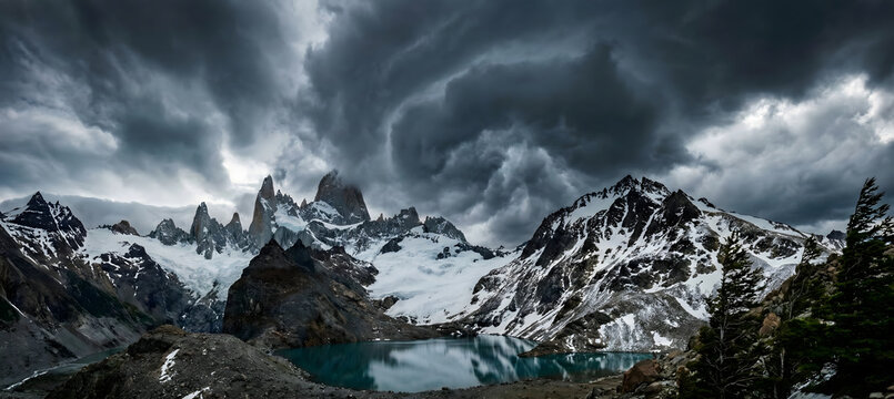 Snowy Mountain Peaks with Dramatic Storm Clouds Over Alpine Lake
