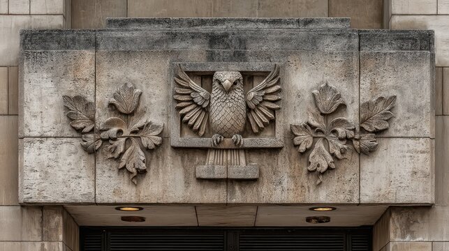 An architectural stone carving featuring an owl emblem with foliage, conveying a sense of history and artistic craftsmanship within its facade detail