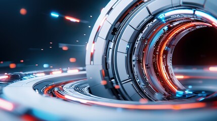 An abstract, futuristic tunnel with neon lights and a dark background. The image features a circular structure with glowing red and blue lights, creating a sens