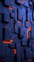 A close-up view of a futuristic wall composed of geometric blocks and glowing orange lines, creating a dramatic and technological aesthetic.