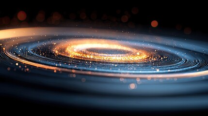An abstract illustration of a galaxy formation with glowing particles and swirling patterns against a dark background.