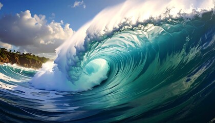 Large, curling ocean wave with light peaking through the water's depths