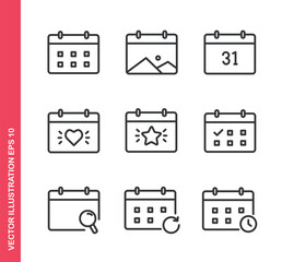 Set of line icons related to calendar. Outline icons collection. Editable stroke. Vector illustration