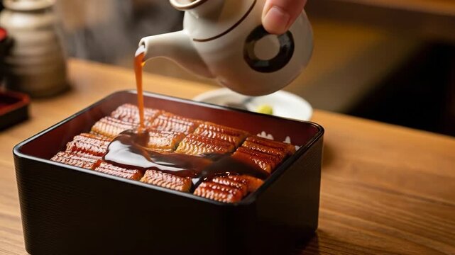 Pouring sauce on grilled eel Unaju in lacquer box