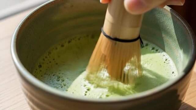 Whisking Matcha green tea with bamboo whisk close up