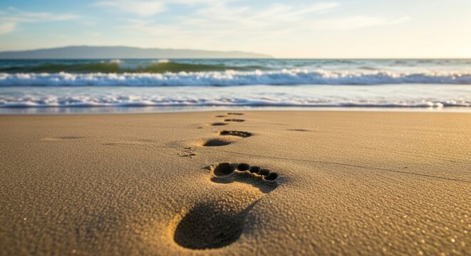 Footprints fade in golden sand near ocean waves under a bright, hazy sky