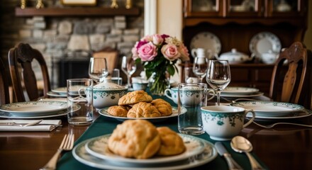 Formal dining table set with pastries, floral centerpiece and china