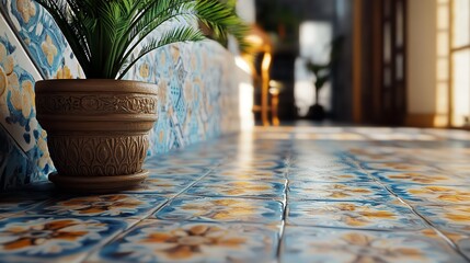 Closeup view of a potted green plant resting on a richly patterned blue and yellow ceramic tile floor in a warmly lit interior space