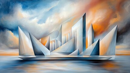 An abstract painting of a geometric cityscape floating on water, with a dramatic sky filled with clouds and vibrant colors.