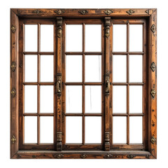 Ornate, antique wooden window frame with brass hardware against a black background.