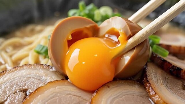 Breaking soft boiled egg on Ramen noodles with chopsticks