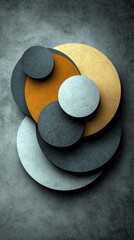 An abstract composition featuring overlapping circles in various colors and textures against a textured gray background. The design is modern and minimalist.