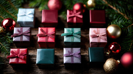 Top view of rustic wooden table with advent calendar boxes and christmas decorations featuring ornaments and fir branches