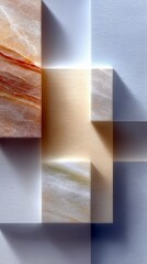 An abstract composition featuring geometric shapes with marble textures and soft lighting, creating a minimalist and artistic aesthetic.