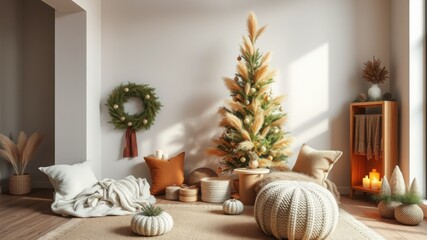 Boho Christmas Tree and Decor in Cozy Living Room.