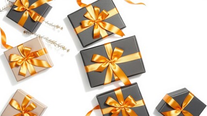 Elegant Gift Boxes with Gold Ribbons on White Background.