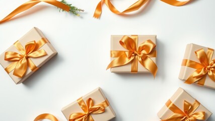 Elegant Gift Boxes with Golden Ribbons on White Background.