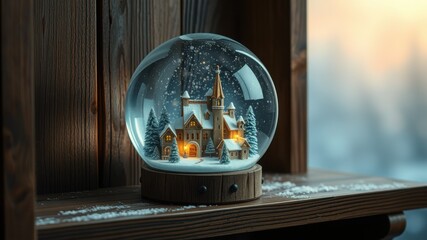 Enchanting Winter Village Snow Globe on Wooden Shelf.