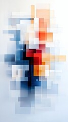 An abstract artwork featuring overlapping geometric shapes in various colors, creating a dynamic and modern composition.