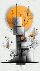 An abstract, geometric artwork featuring a stylized arrangement of architectural shapes, an orange sun, and delicate floral elements.