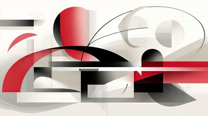 An abstract artwork featuring a complex arrangement of geometric shapes in red, black, and white, creating a dynamic and modern composition.