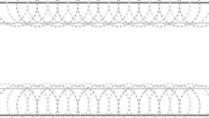 Empty horizontal banner with frame at top and bottom is woven from sharp barbed wire. Vector banner isolated on white background