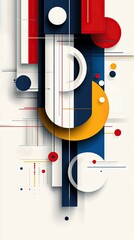 An abstract composition featuring geometric shapes, including circles, rectangles, and lines, in a modern design with a palette of red, blue, yellow, and white.