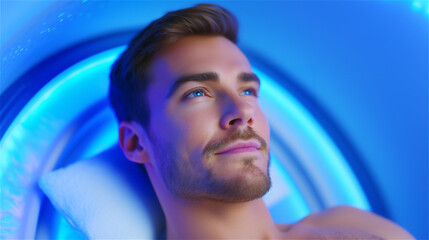 Young man lying inside a glowing blue MRI or CT scanner, representing modern medical diagnostics, healthcare technology, patient experience and clinical examination.