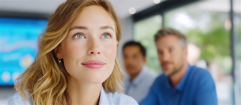 Young woman looking upward with thoughtful expression in modern office environment, symbolizing creativity, focus and positive workplace culture. - Powered by Adobe