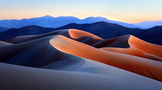 Scenic view of sand dunes with warm sunlight and cool shadows. Blue mountains in the background under a colorful sky.