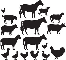 Silhouettes of farm animals including horses sheep cows and chickens in a group
