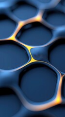 Close-up of a 3D abstract geometric pattern with a dark blue and yellow color scheme, featuring a honeycomb or cellular design with glowing highlights.