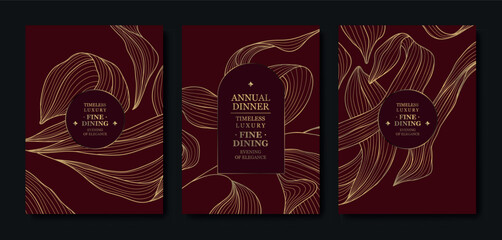 Premium burgundy and gold invitation design, elegant floral accents, cherry blossoms, line elements, Asian style. Luxury template weddings, galas, birthdays, corporate events