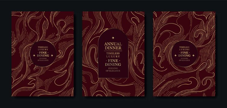 Premium burgundy and gold invitation design, elegant floral accents, cherry blossoms, line elements, Asian style. Luxury template weddings, galas, birthdays, corporate events