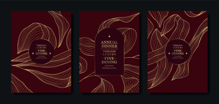 Premium burgundy and gold invitation design, elegant floral accents, cherry blossoms, line elements, Asian style. Luxury template weddings, galas, birthdays, corporate events