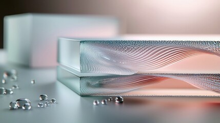 Close-up of abstract glass blocks with water droplets on a reflective surface, soft lighting and a blurred background.