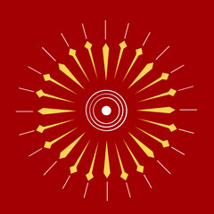 A stylized sun with a red center and a golden yellow halo on a red background 