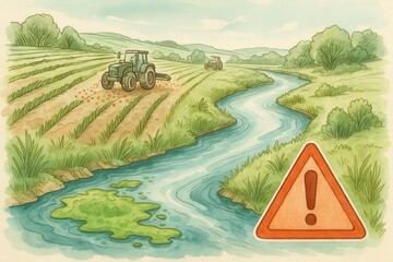 Agricultural innovation illustrated through tractors cultivating vibrant fields alongside a river highlighting environmental caution and sustainability efforts in modern farming practices