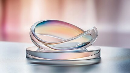 A close-up studio shot of a clear glass sculpture resting on a pedestal, with a blurred background and soft lighting.