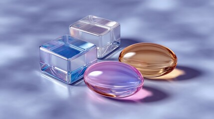 Four abstract glass shapes, two cubes and two ovals, are arranged on a reflective surface, illuminated with soft, diffused lighting.