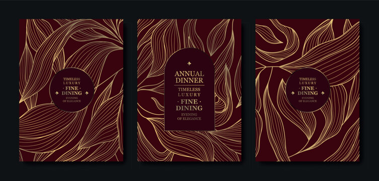 Premium burgundy and gold invitation design, elegant floral accents, cherry blossoms, line elements, Asian style. Luxury template weddings, galas, birthdays, corporate events